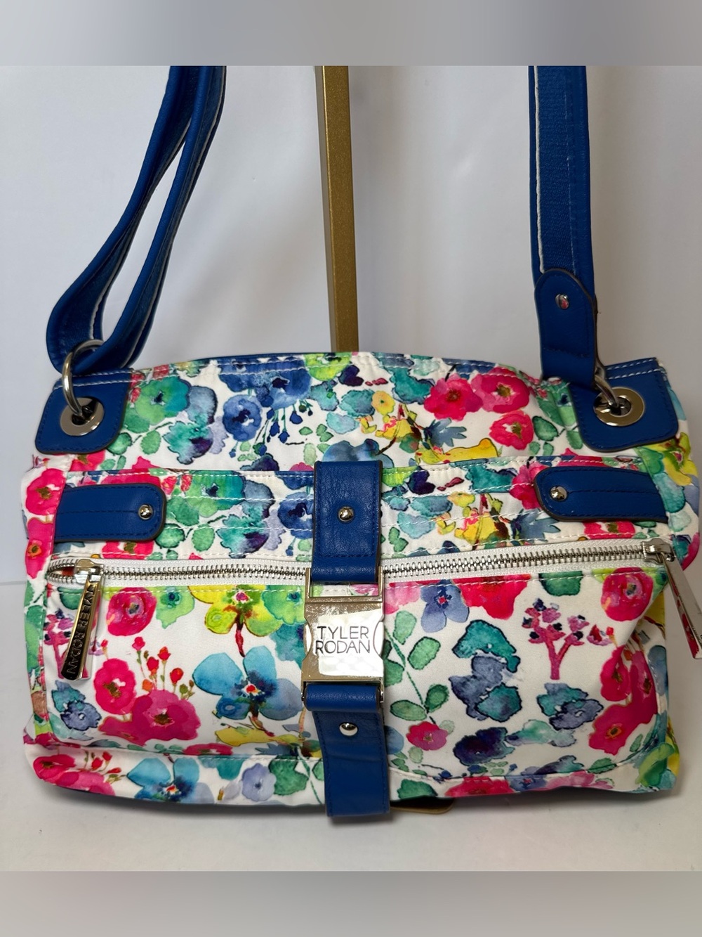 Tyler Rodan Floral Watercolor Shoulder Bag Purse Blue Accents